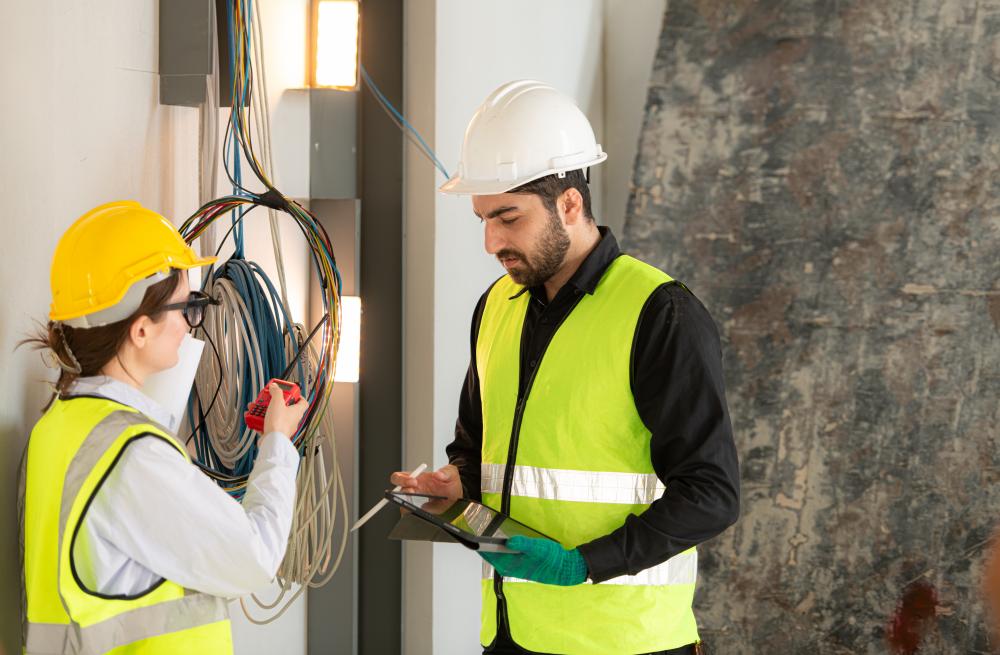 Electrical contractors involved in construction planning on a site