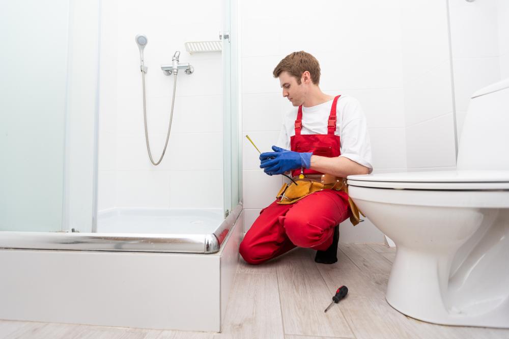 Experienced plumber installing a new shower cabin reflecting plumbing expertise in Manassas, VA