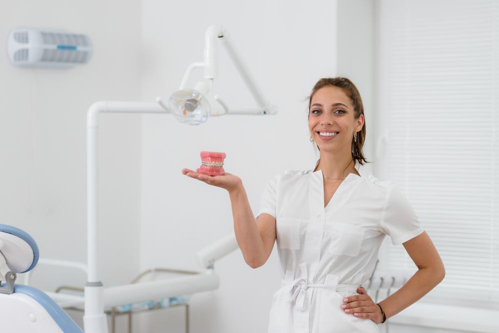 Orthodontist holding model of jaw with braces for dental care in Orlando