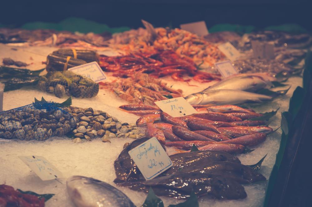 Vibrant seafood display at Baltimore market