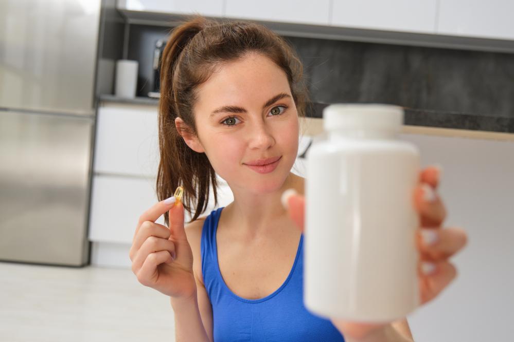 Focused fitness woman considering cognitive supplements for enhanced brain function