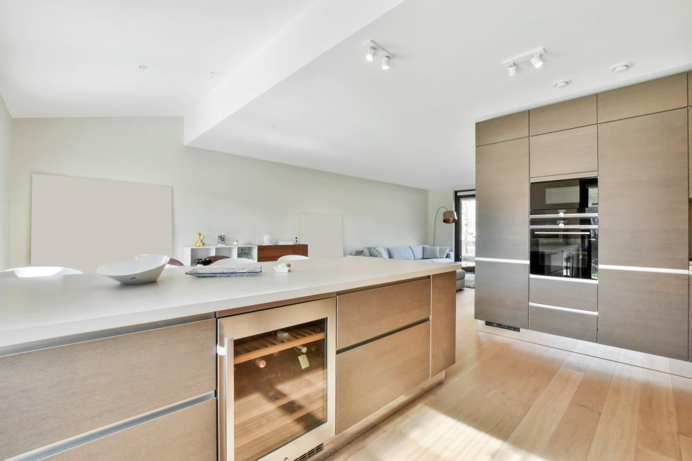 Modern kitchen with wooden floors, featuring Thermador Fridge Freezer FL, sleek cabinetry, and stylish countertop, emphasizing high-end appliance design and functionality.