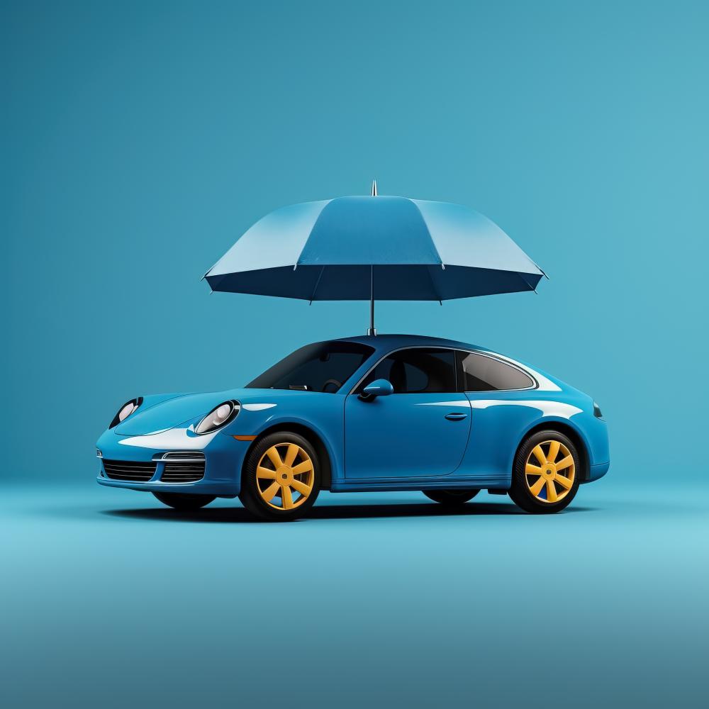 Protected Blue Car Under Umbrella Symbolizing Insurance Coverage