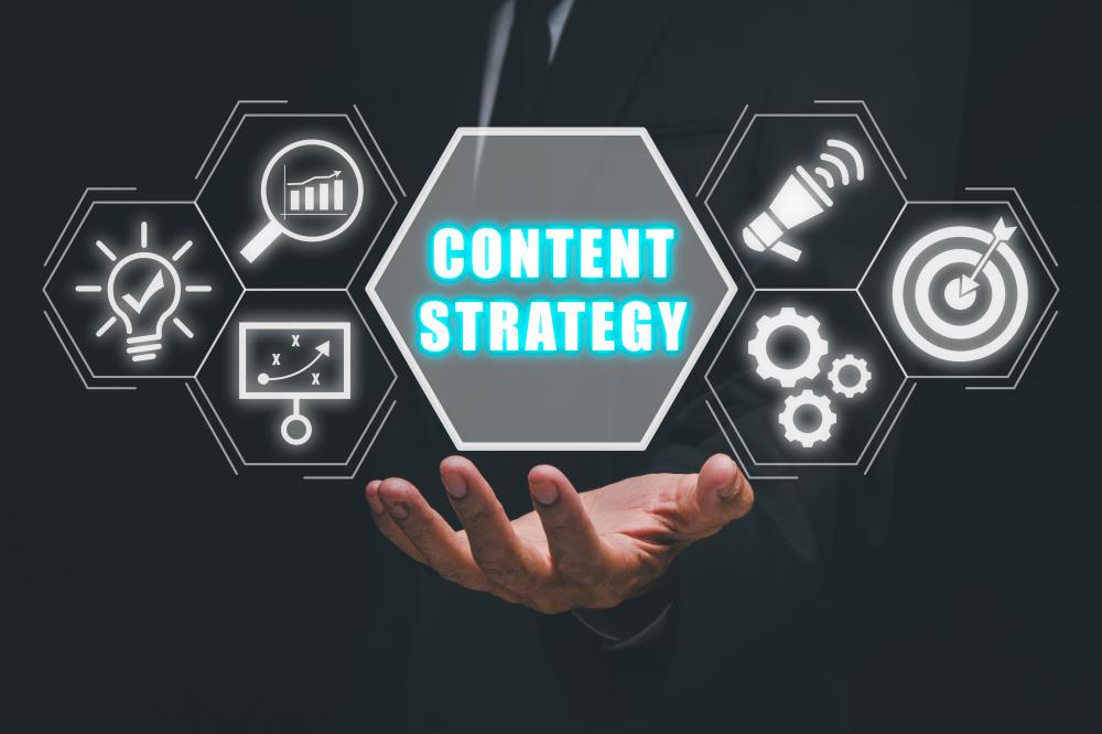 Strategic content marketing conceptual image with planning and creation graphics