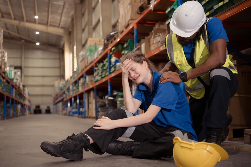 Compassionate warehouse worker aiding colleague after Houston workplace injury