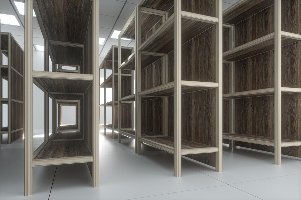 Modern library furniture installation showcasing multimedia shelves