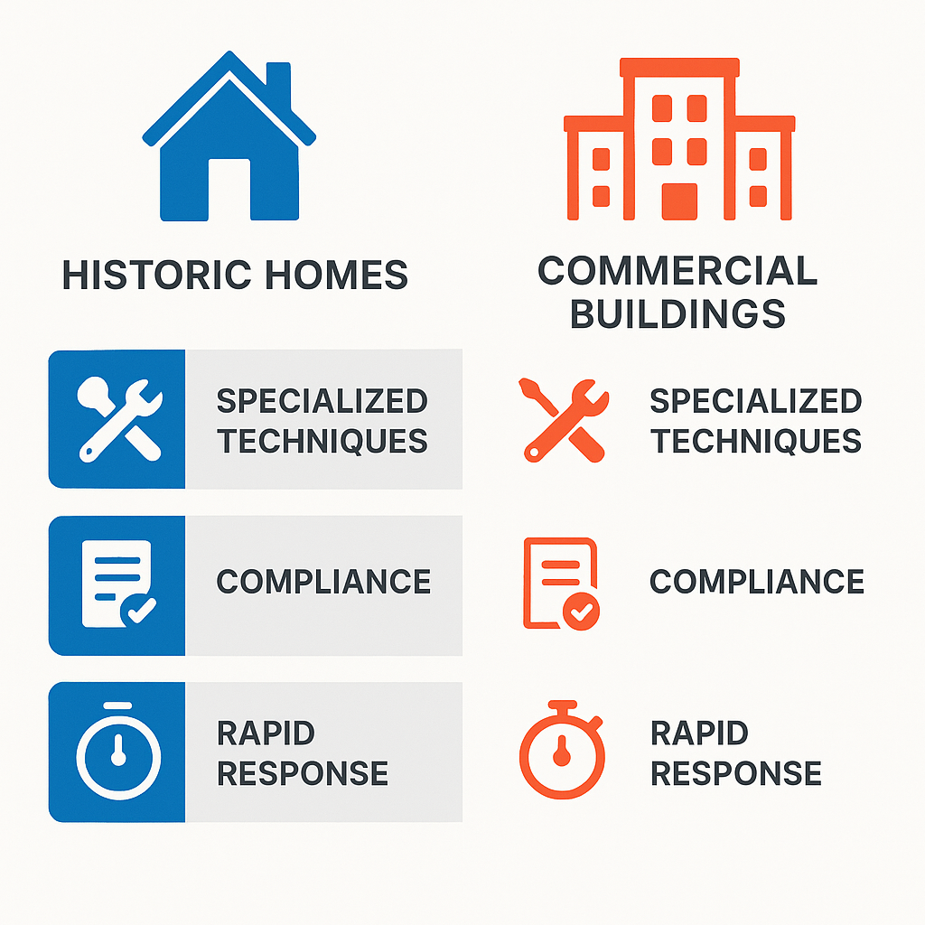 Comparison highlighting specialized approaches and compliance in furnace repair for historic versus commercial properties.