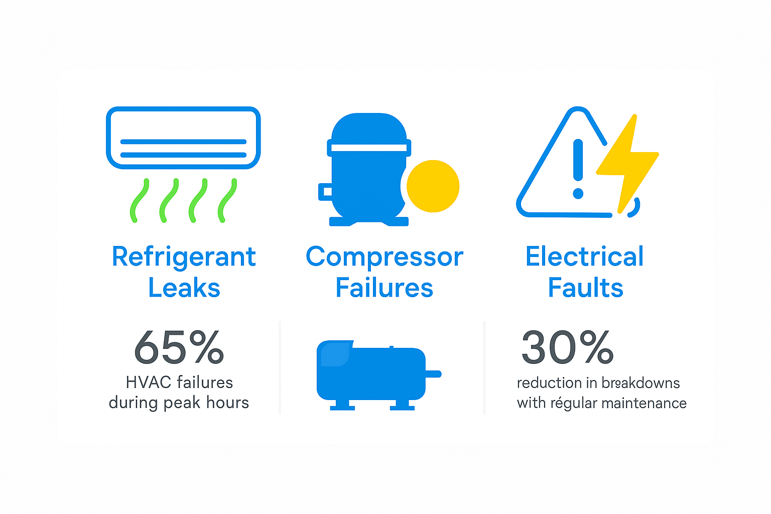 Infographic of common AC issues in commercial kitchens highlighting refrigerant leaks, compressor failures, and electrical faults.