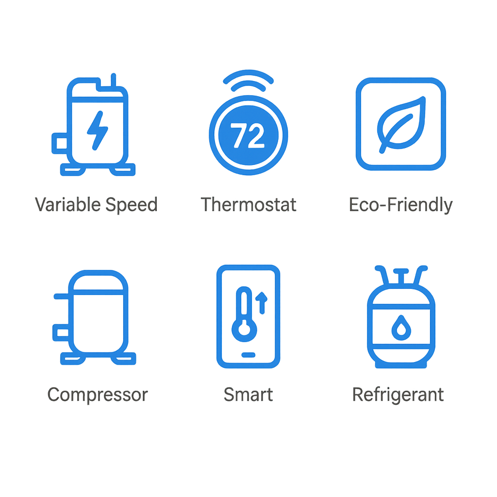 Icon set depicting energy-efficient HVAC components including smart thermostats and eco-friendly refrigerants.