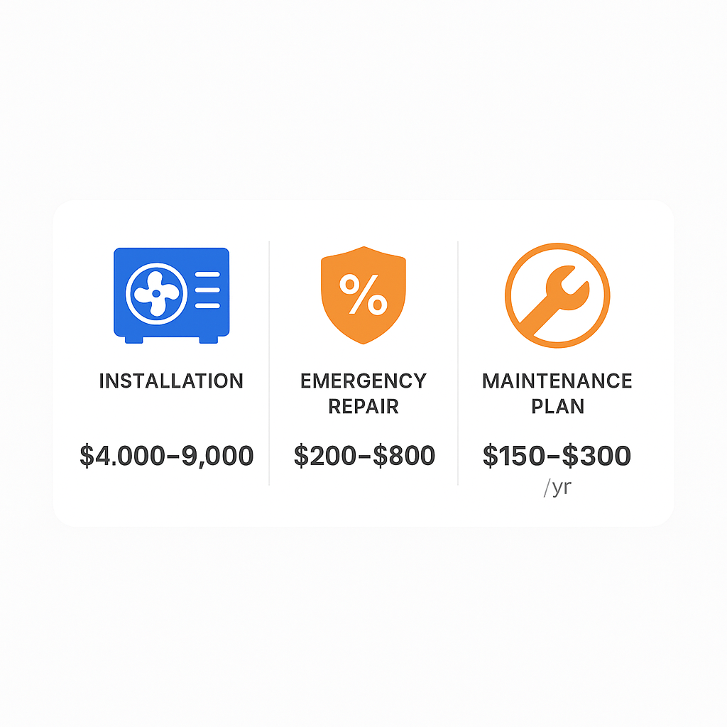 Side-by-side comparison of typical HVAC service costs, emergency repair fees, and maintenance plan prices in Crenshaw
