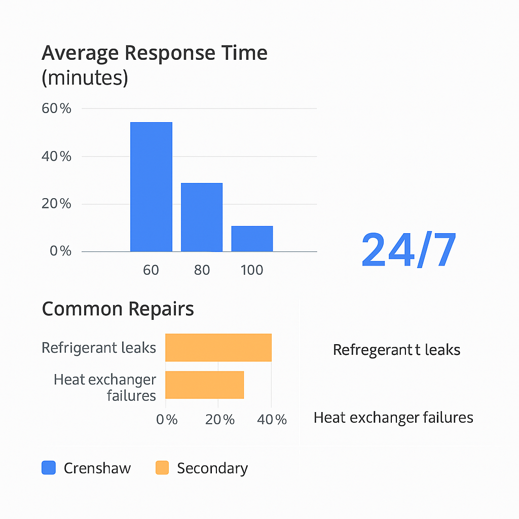 Emergency HVAC service data including response times and common repairs in Crenshaw