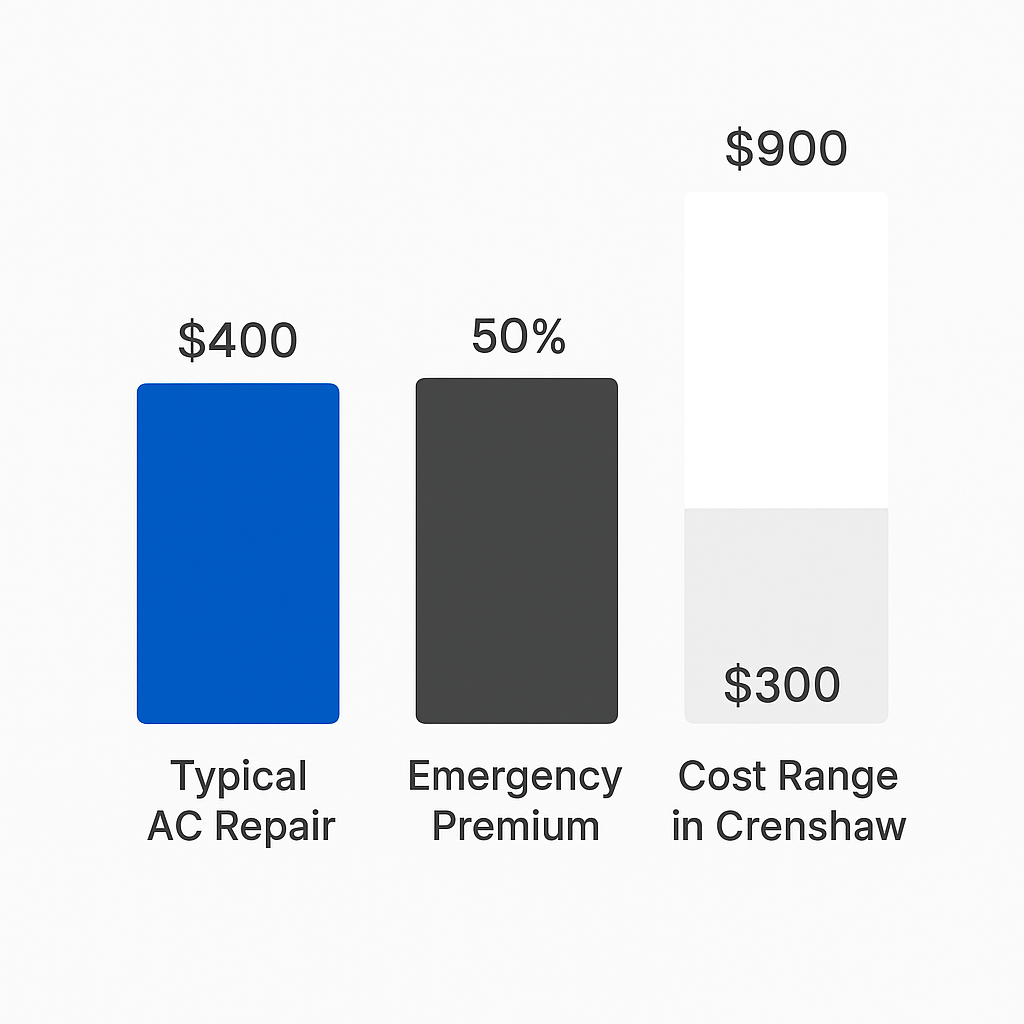 Side-by-side comparison chart of typical AC repair costs, emergency repair premiums, and cost ranges for different repair types in Crenshaw