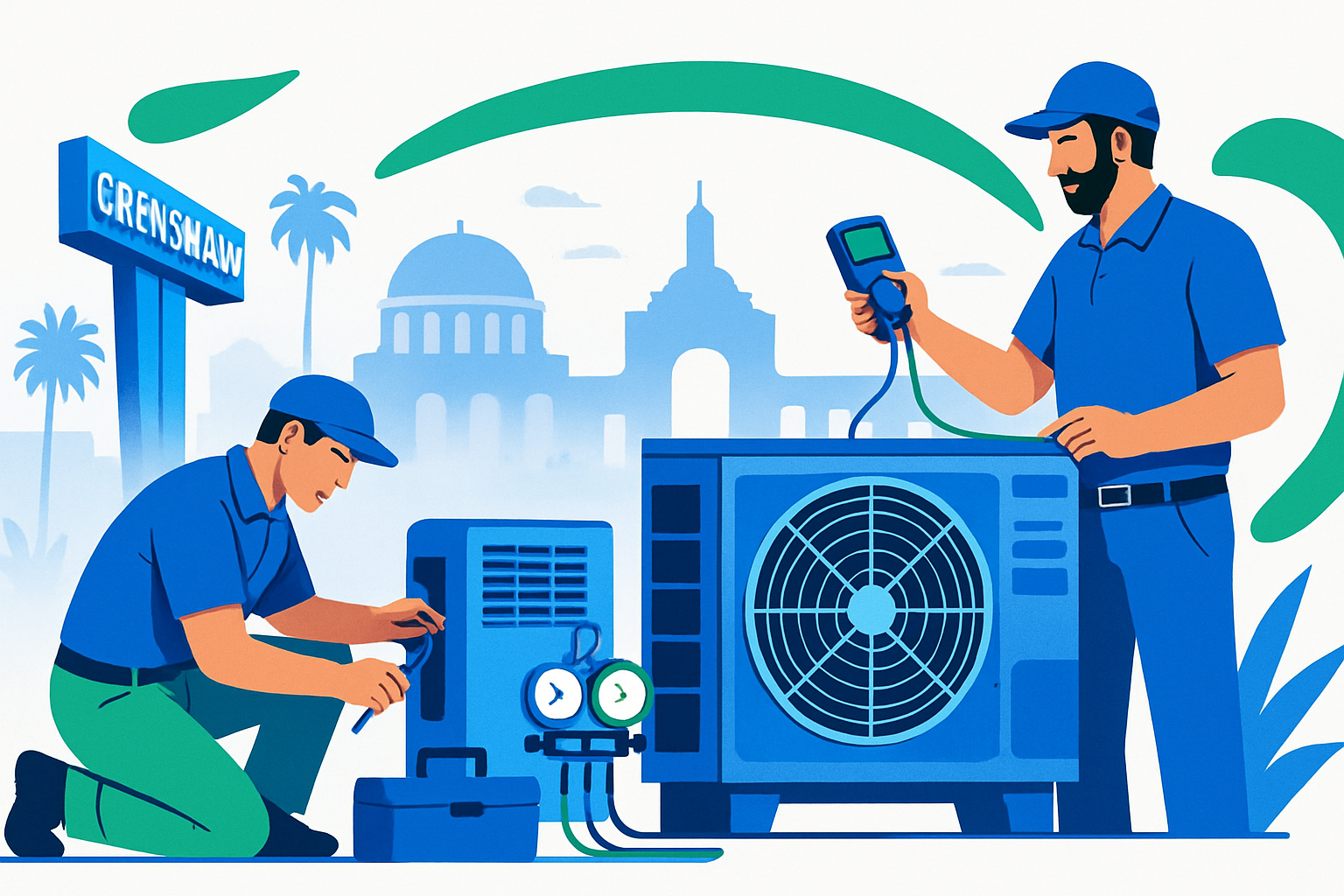 AC technicians working on an outdoor HVAC unit in Crenshaw