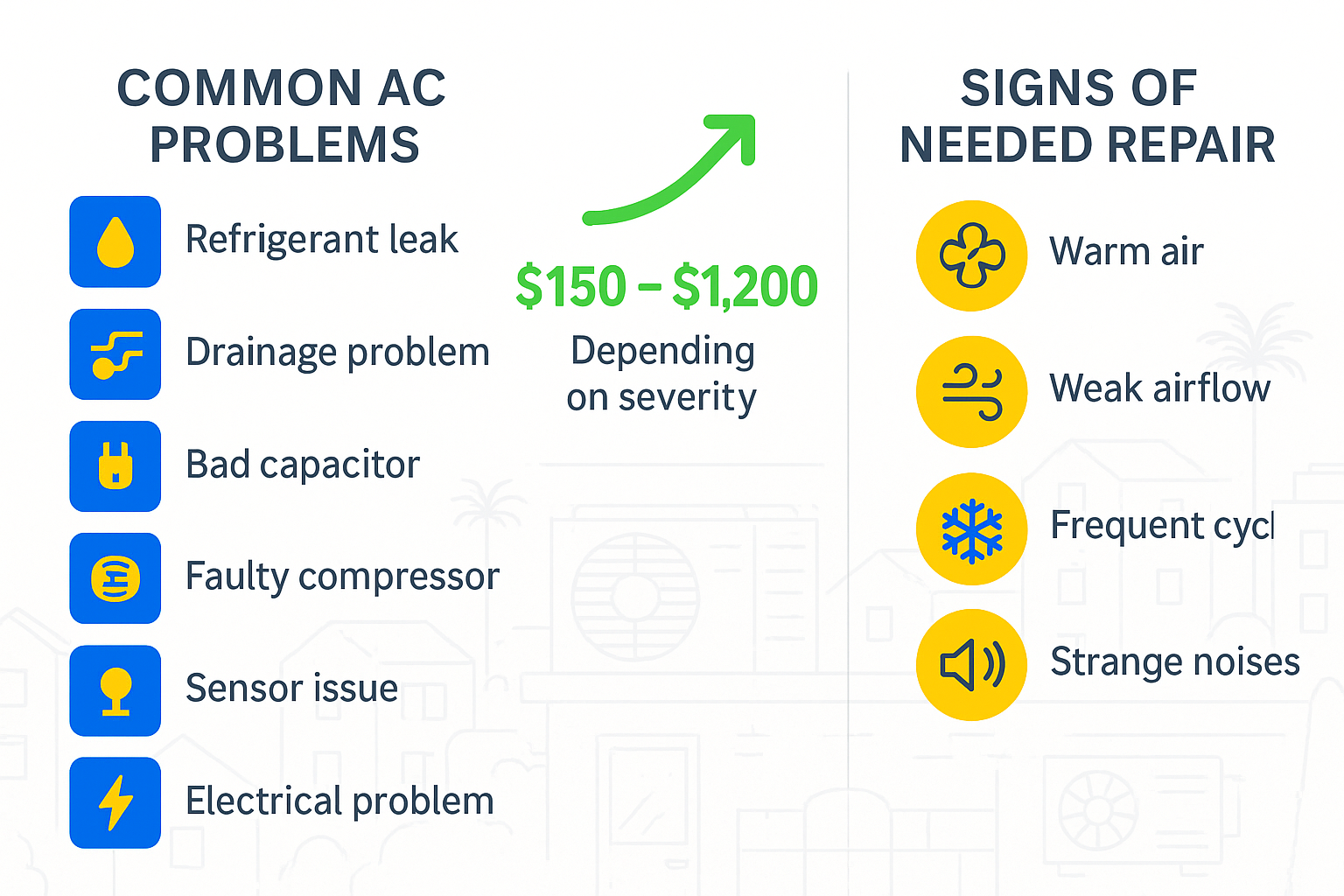 Infographic on AC problems and repair costs in View Park, styled professionally with crisp typography and brand colors