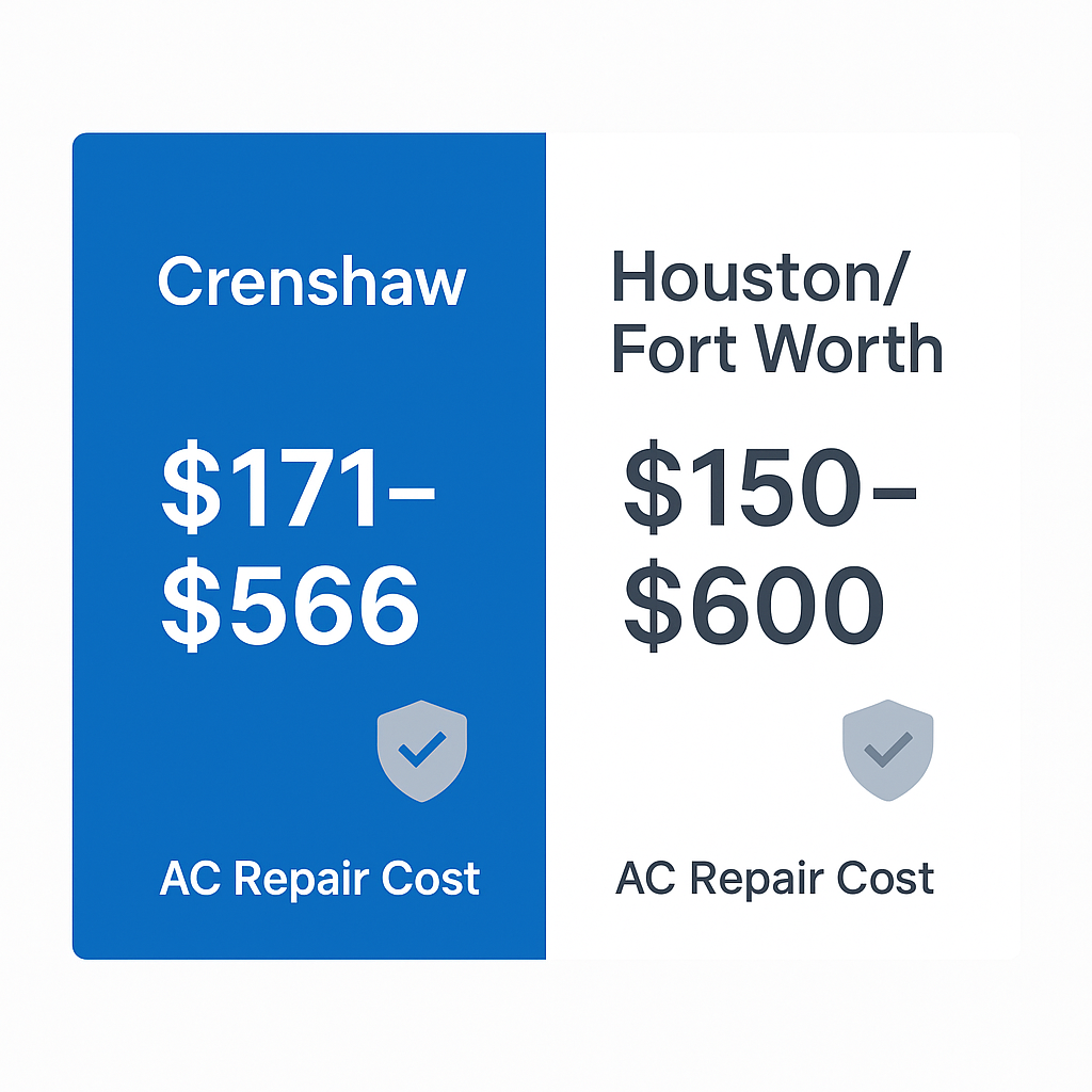 Comparison chart of average AC repair costs in Crenshaw versus Houston and Fort Worth