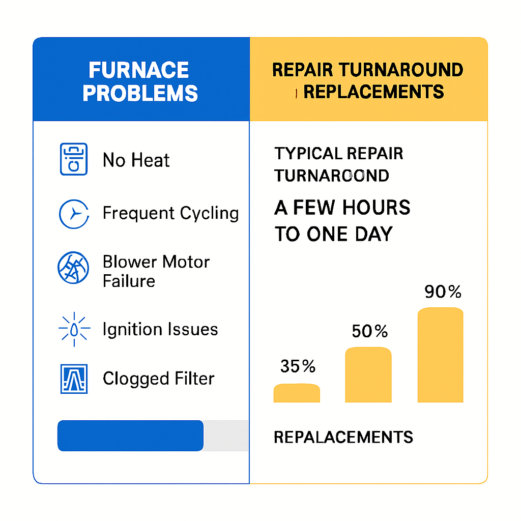 Side-by-side comparison of furnace problems and repair turnaround times, designed with brand colors and professional style for View Park audience