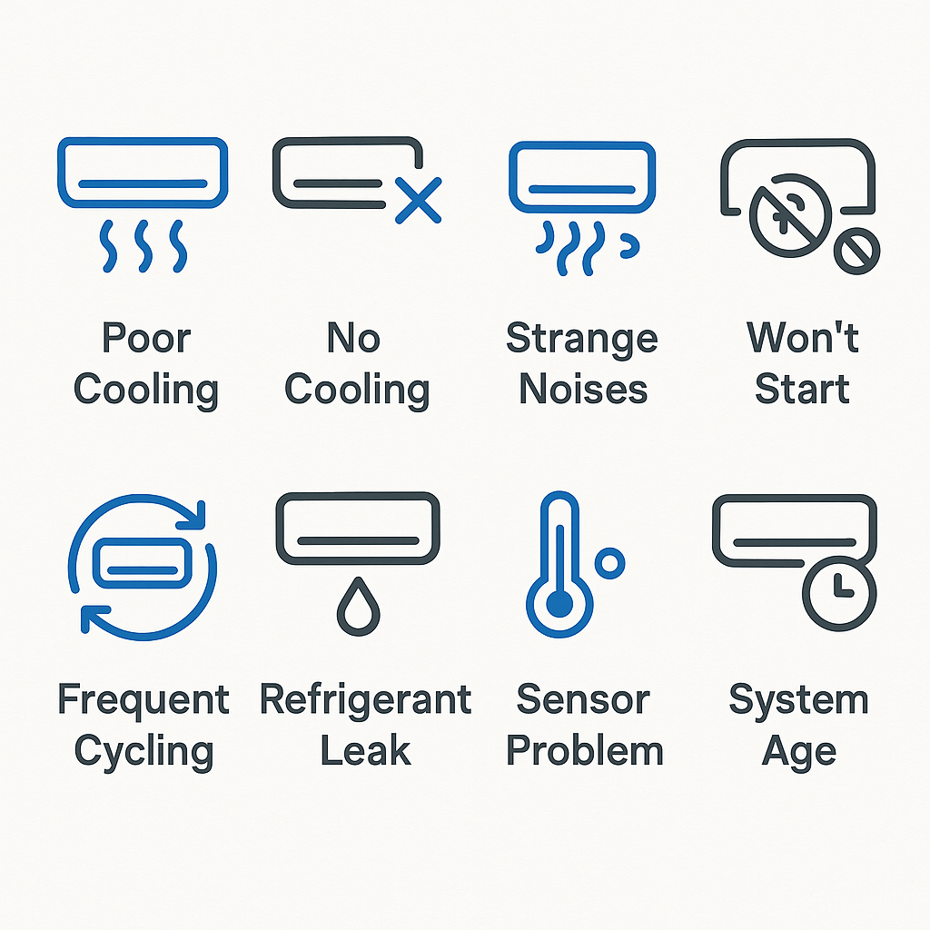 Clear icons representing frequent AC problems like leaks, noise, and inefficiency in commercial systems.