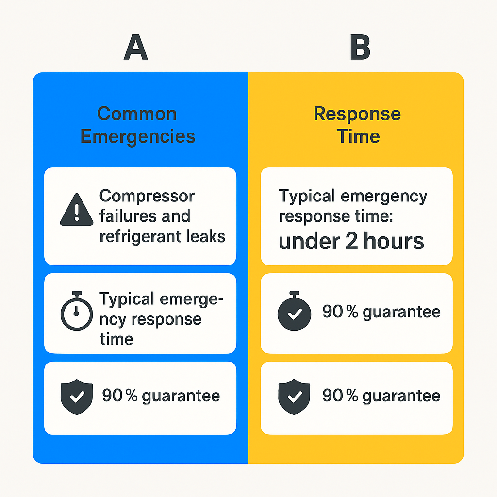 Comparison chart of commercial AC emergencies, response times, and service guarantees from local providers in View Park