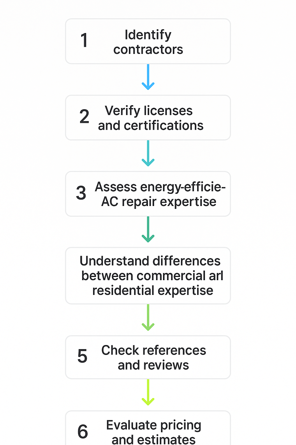 Vertical process flowchart outlining how to select and evaluate local contractors specializing in energy-efficient AC repair