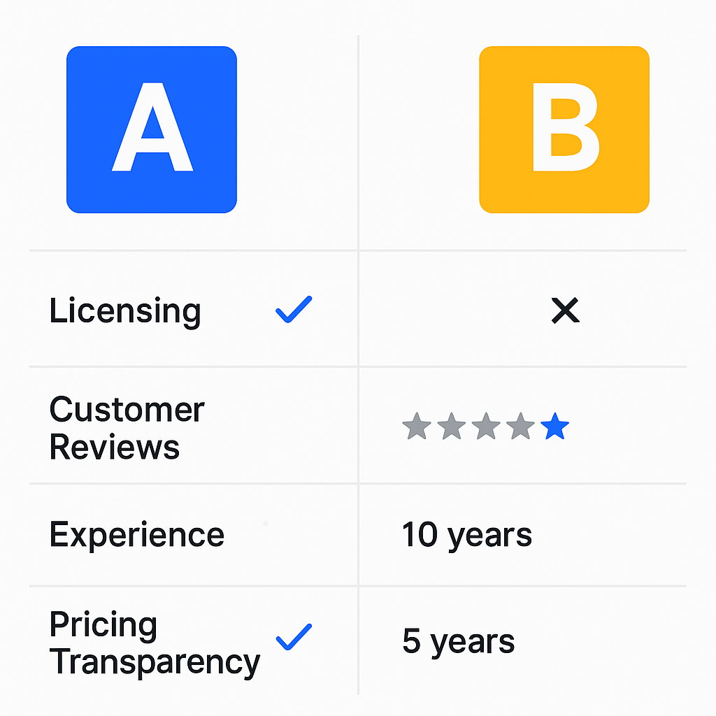 Comparison chart illustrating key HVAC contractor qualifications including licensing, customer reviews, experience, and pricing transparency