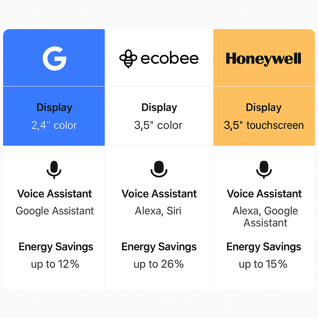 Comparison chart of top smart thermostat models with features, compatibility, and energy savings
