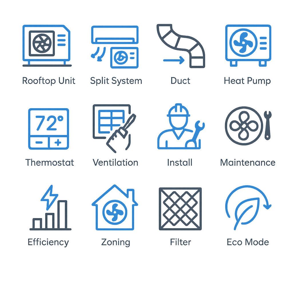 Icon set illustrating commercial HVAC systems, installation steps, and energy-efficient options