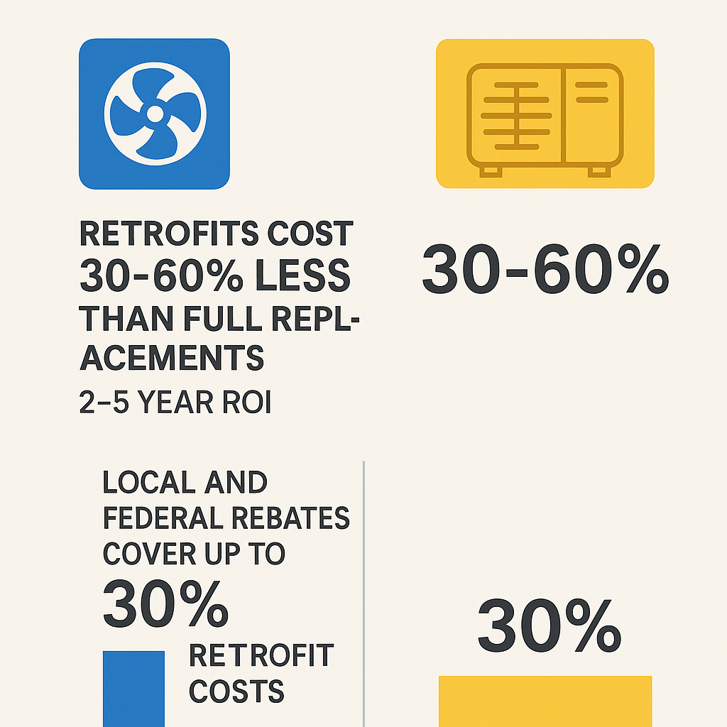 Comparison chart contrasting costs, rebates, and ROI of HVAC retrofit versus full replacement in West Hollywood historic buildings