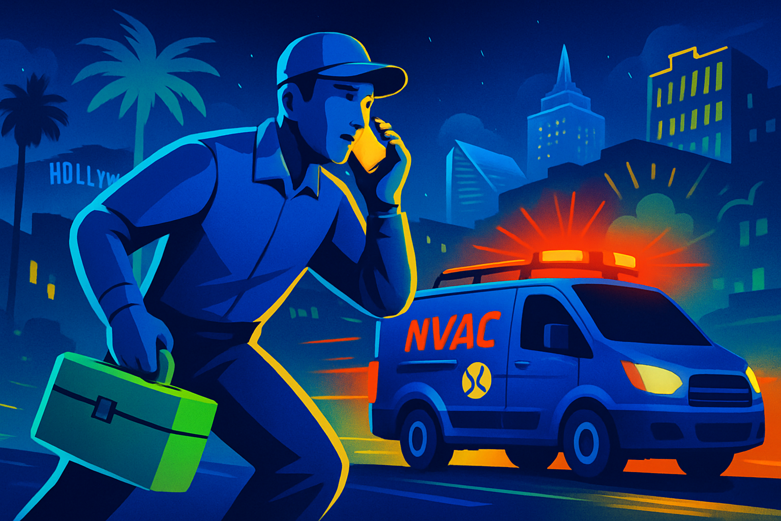 Hero image of an HVAC technician working at night in West Hollywood