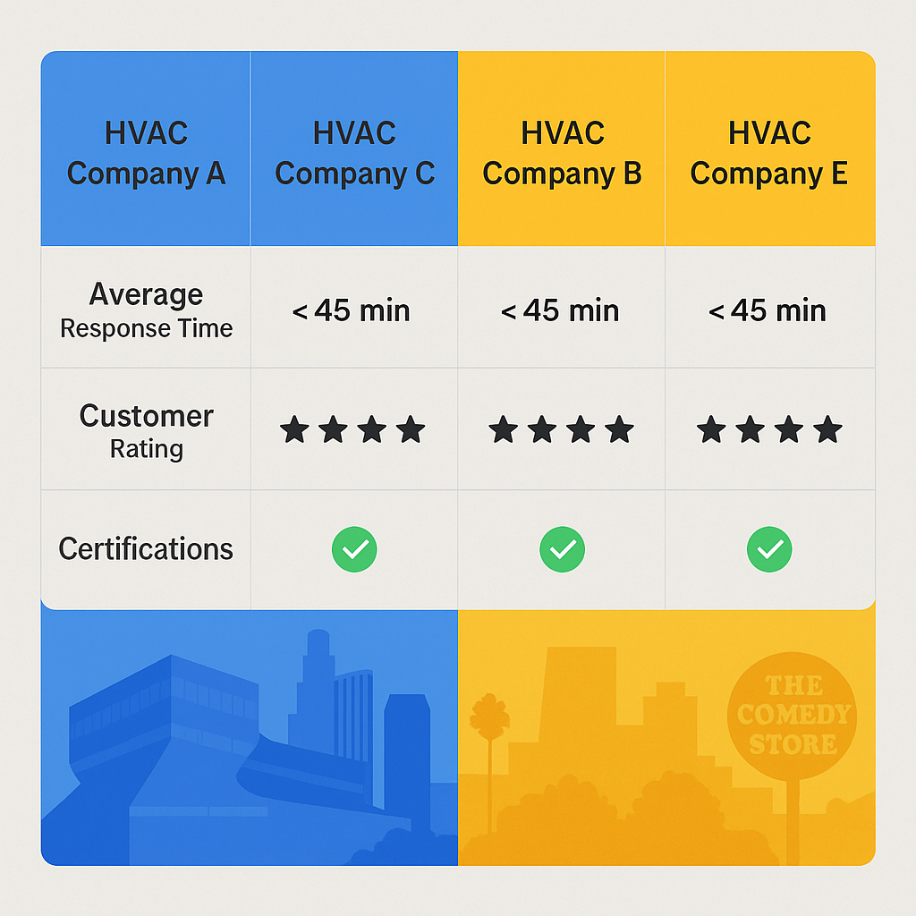 Side-by-side comparison of emergency HVAC service providers in West Hollywood highlighting key performance metrics