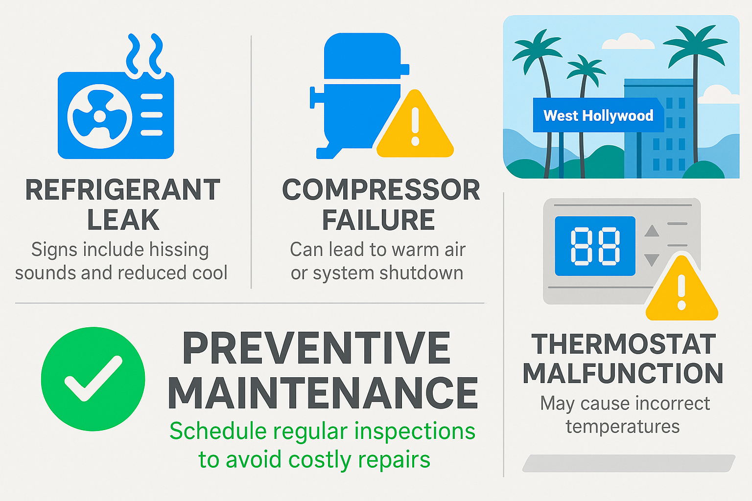 Visual guide to typical HVAC emergencies and maintenance strategies in West Hollywood