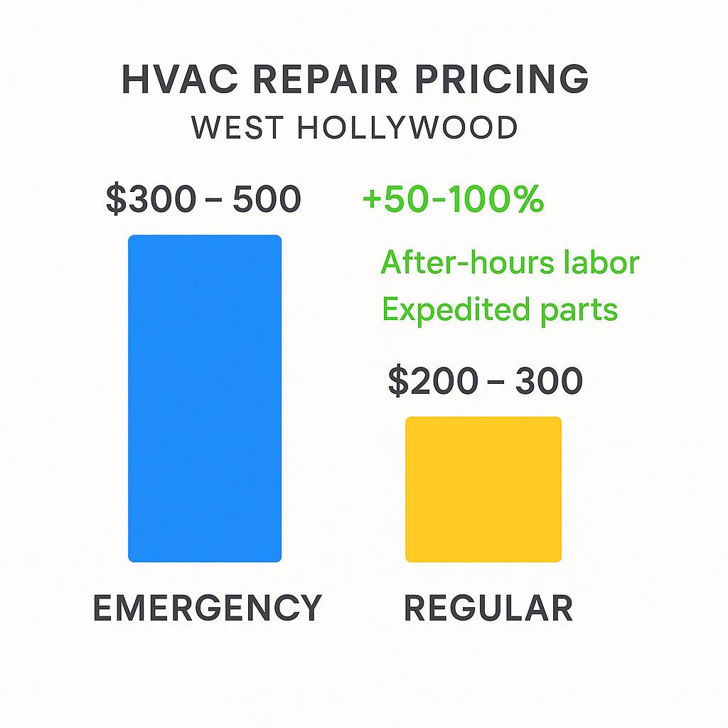 Visual comparison of typical pricing differentials between emergency and regular HVAC repairs in West Hollywood