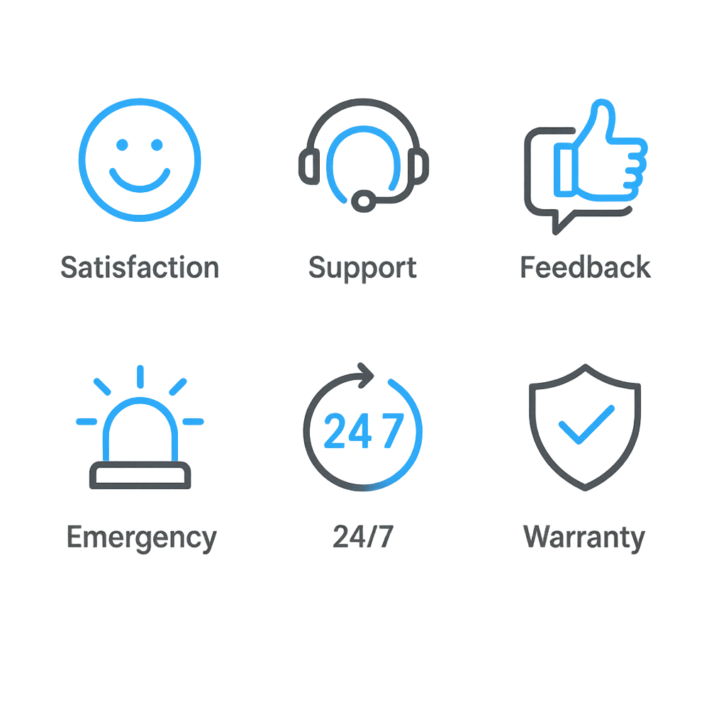 Icon set symbolizing customer satisfaction, emergency services, and warranty for HVAC clients in Culver City