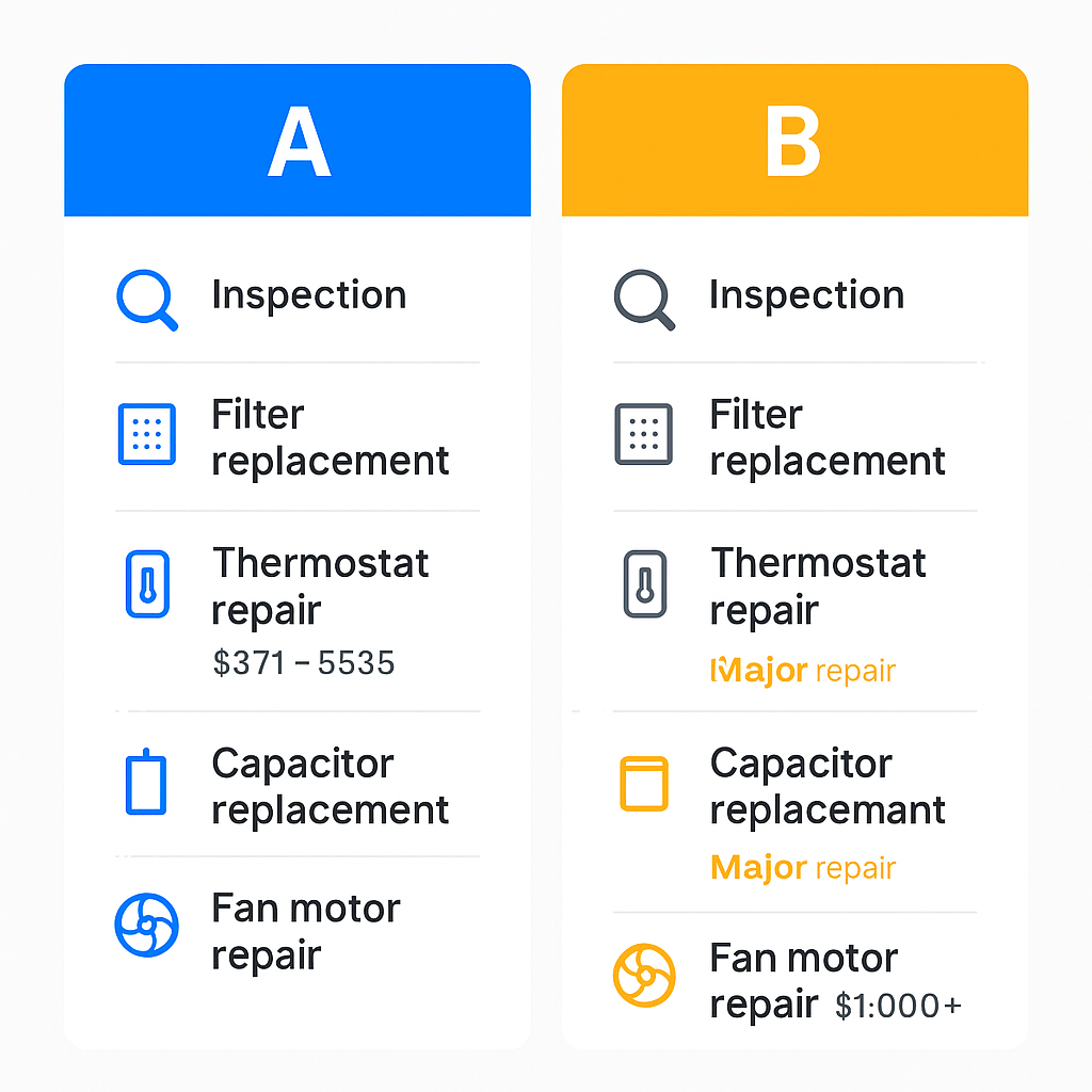 Visual comparison chart of common HVAC service types with average cost ranges for Baldwin Hills residents