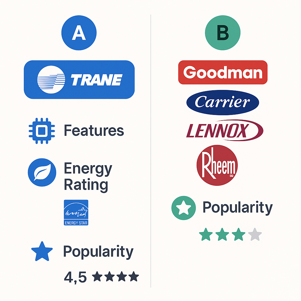Comparison chart of top HVAC brands in Southern California with features and energy ratings Side-by-side comparison of Southern California HVAC brands highlighting features and energy efficiency.