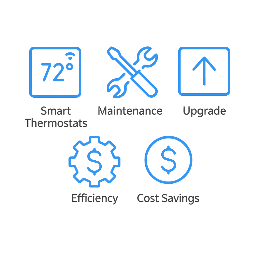 Icons illustrating smart thermostats, maintenance tips, and HVAC system upgrade benefits for homeowners in Baldwin Hills