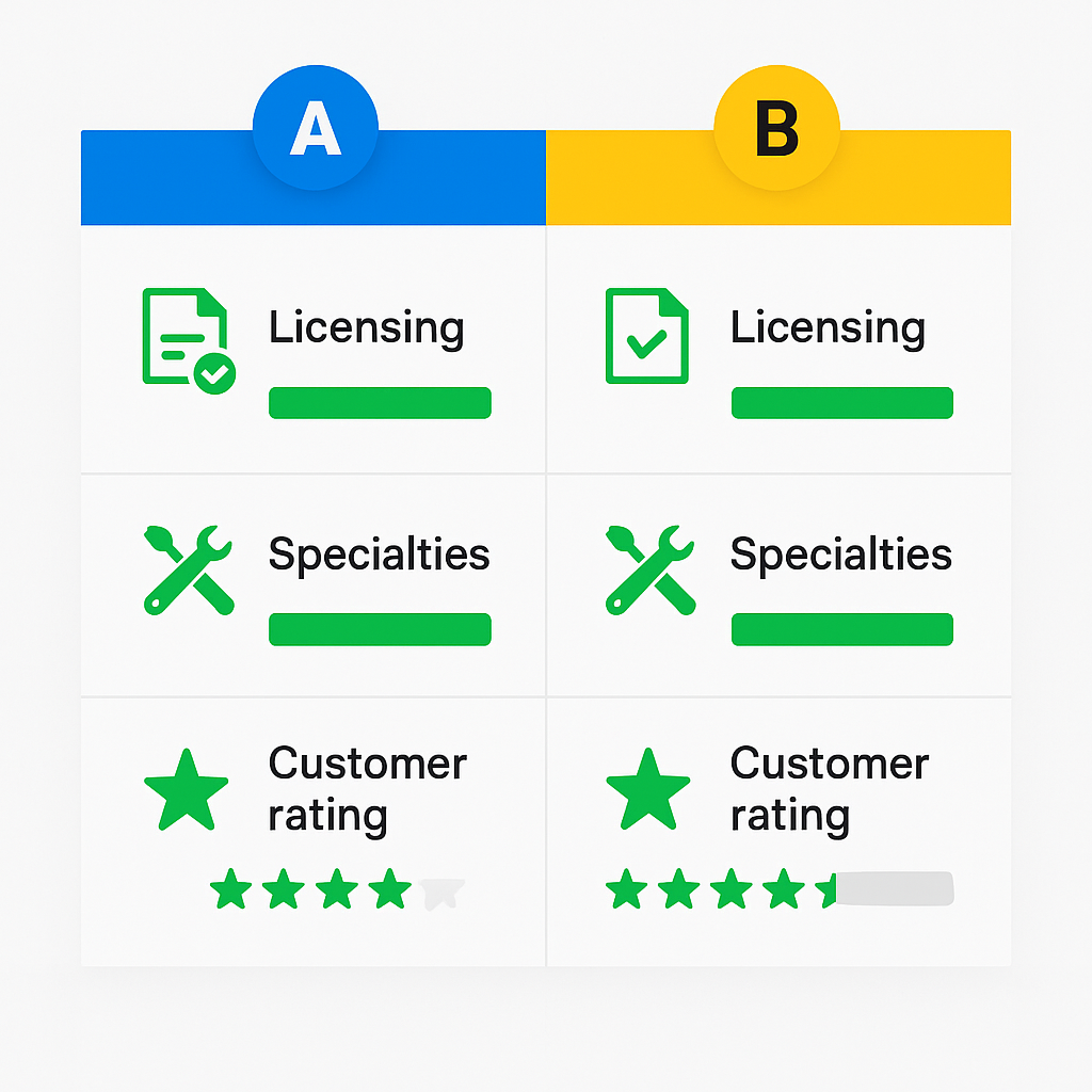 Comparison chart of top HVAC contractors in Windsor Square highlighting licensing, specialties, and customer ratings