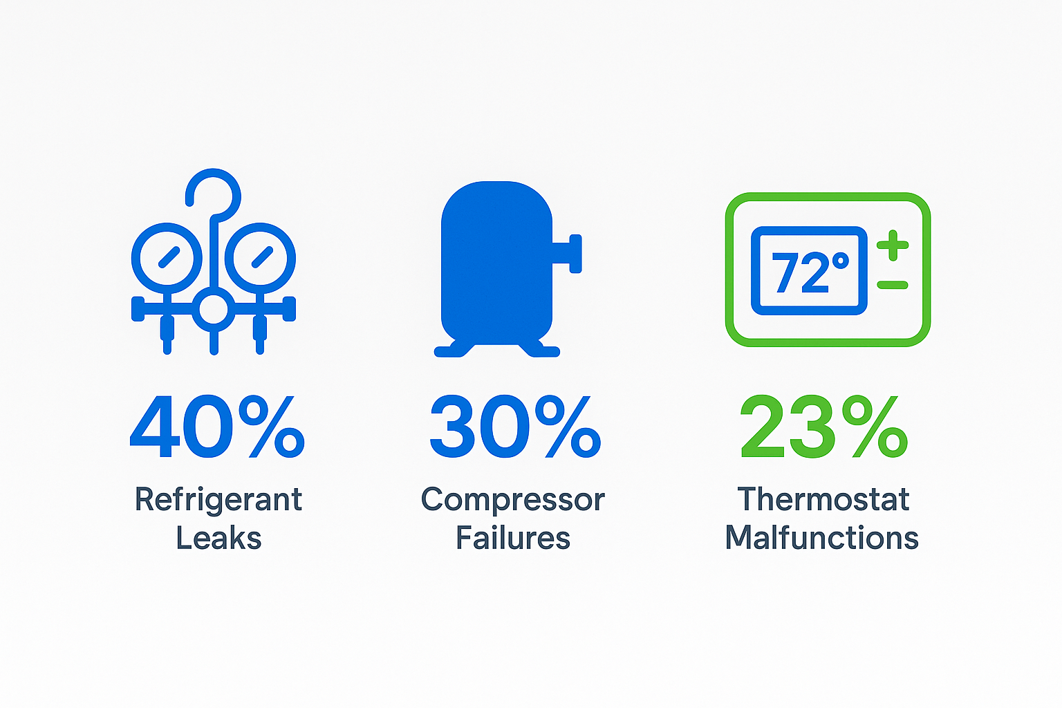Infographic summarizing top three common air conditioner problems in Windsor Square with icons for refrigerant leaks, compressor failures, and thermostat malfunctions