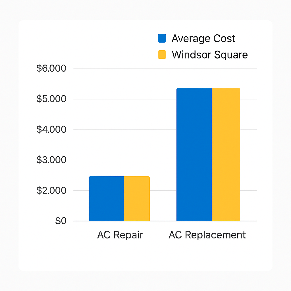 Bar chart illustrating average repair costs and replacement timing for AC units in Windsor Square