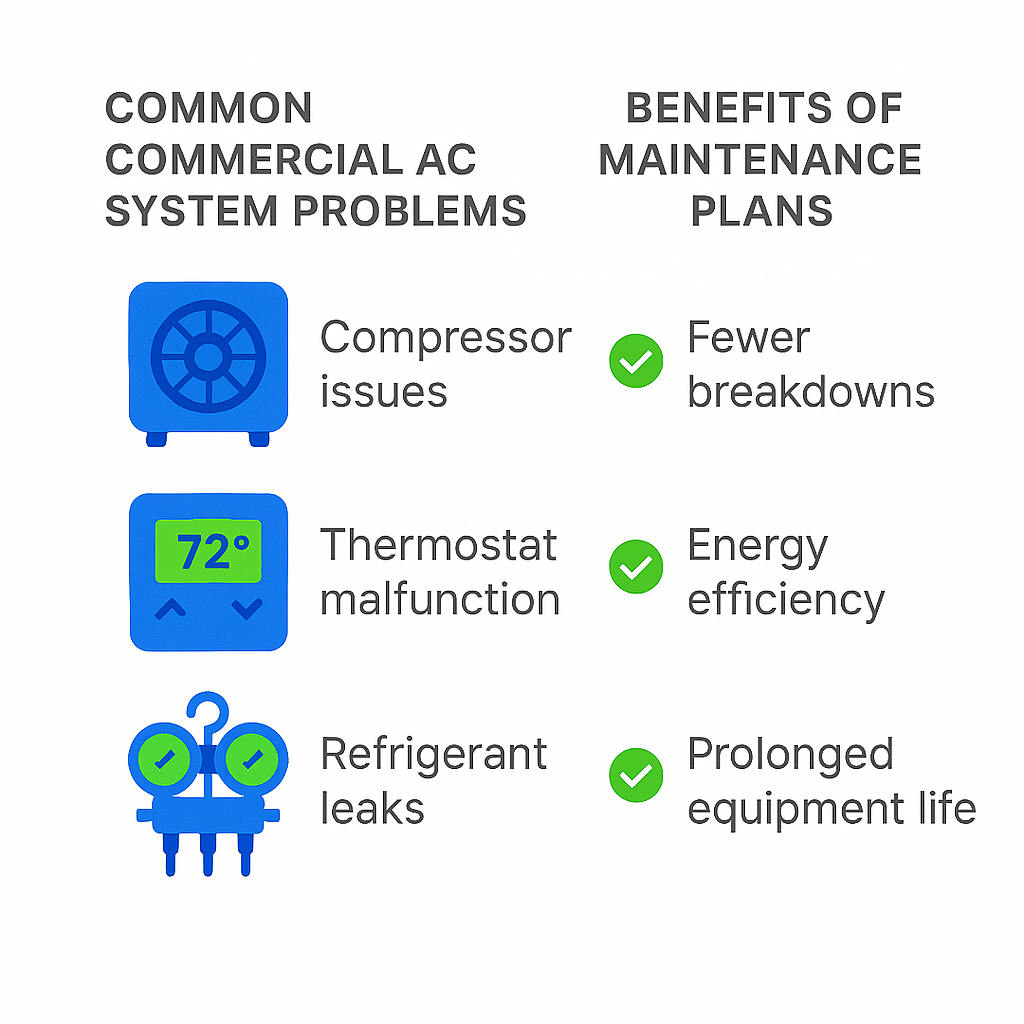 Infographic showing commercial AC problems and maintenance benefits for small businesses in Windsor Square