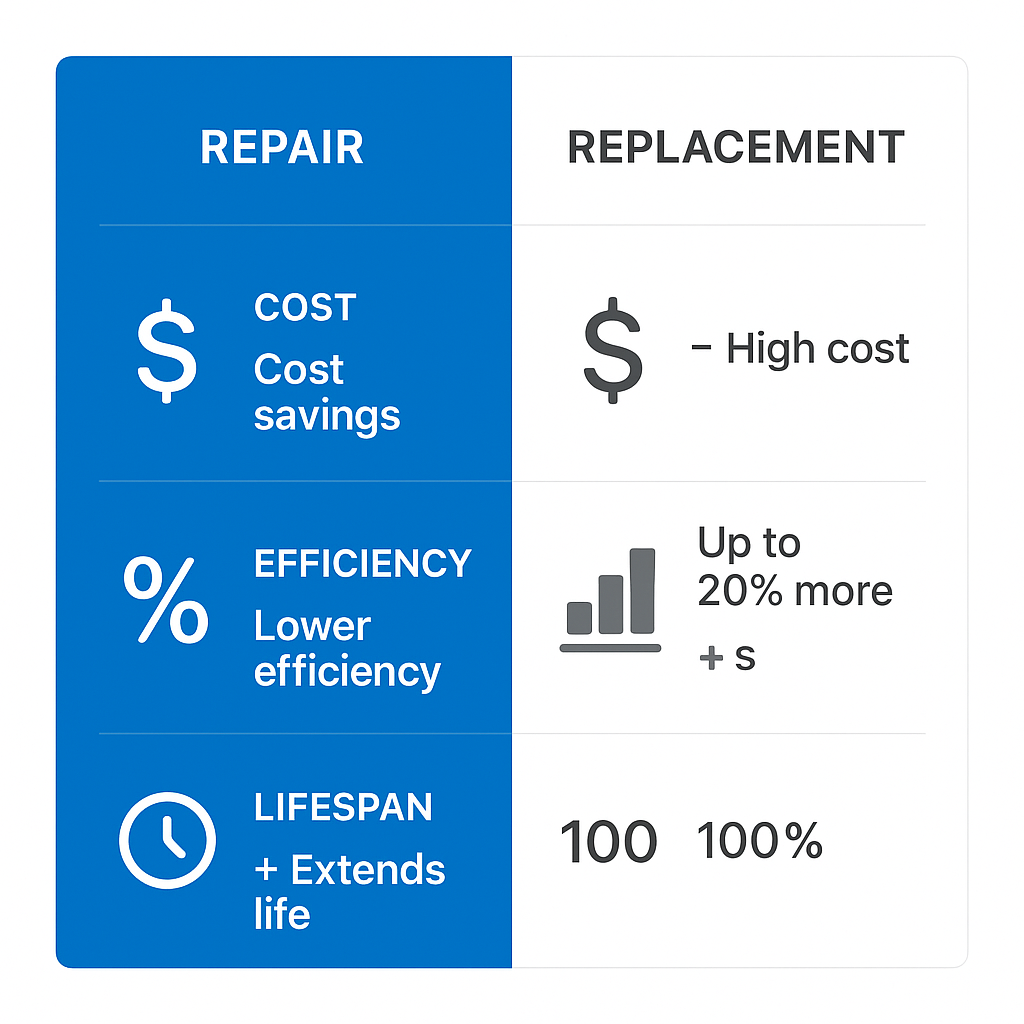Comparison chart of furnace repair versus replacement benefits and costs