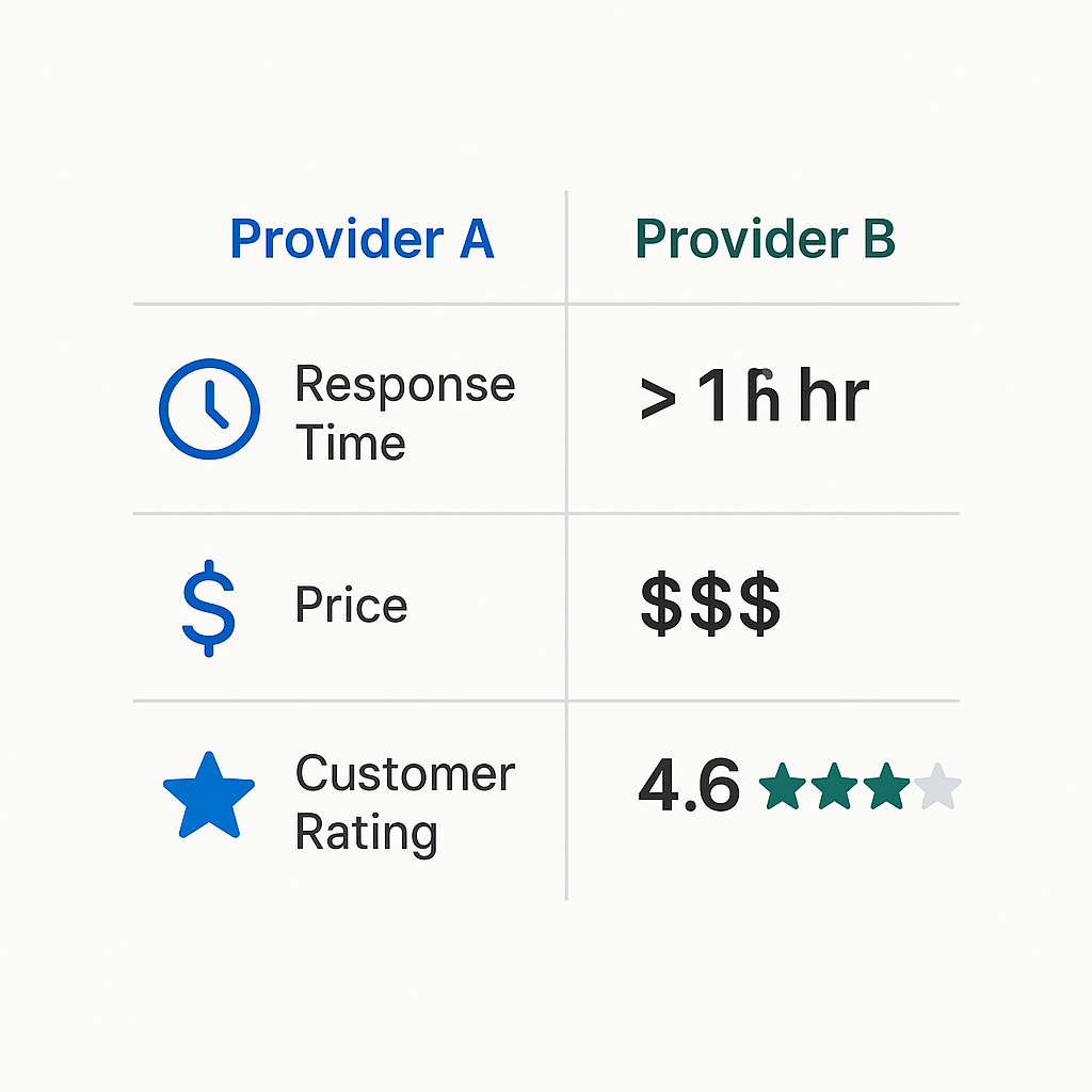 Comparison chart of top-rated furnace repair providers in Beverly Grove showing response times, pricing, and customer ratings