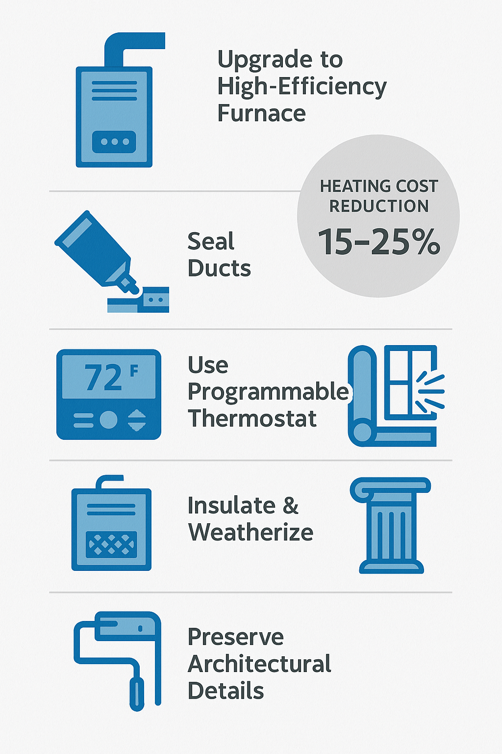 Infographic showing energy-efficient furnace repair strategies for historic homes