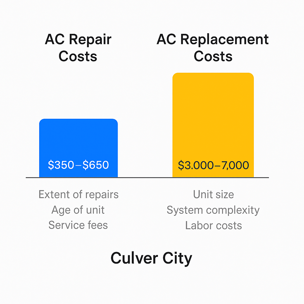 Comparison of average AC repair and replacement cost ranges with key cost factors in Culver City