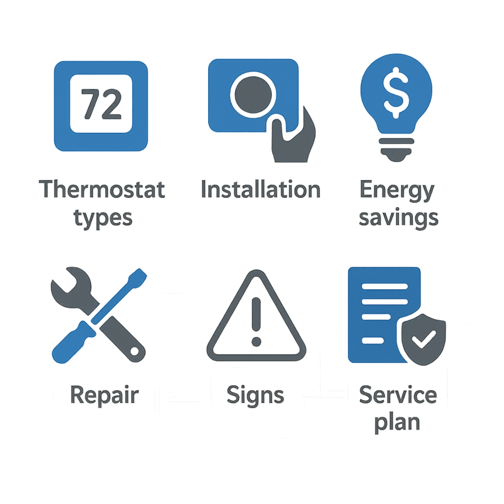 Set of icons illustrating key concepts of thermostat installation and maintenance services.