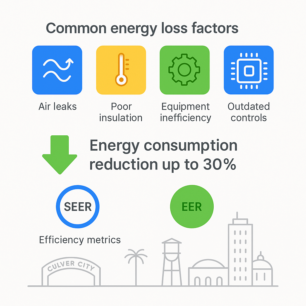 Infographic illustrating energy loss factors, optimization benefits, and efficiency metrics for commercial HVAC