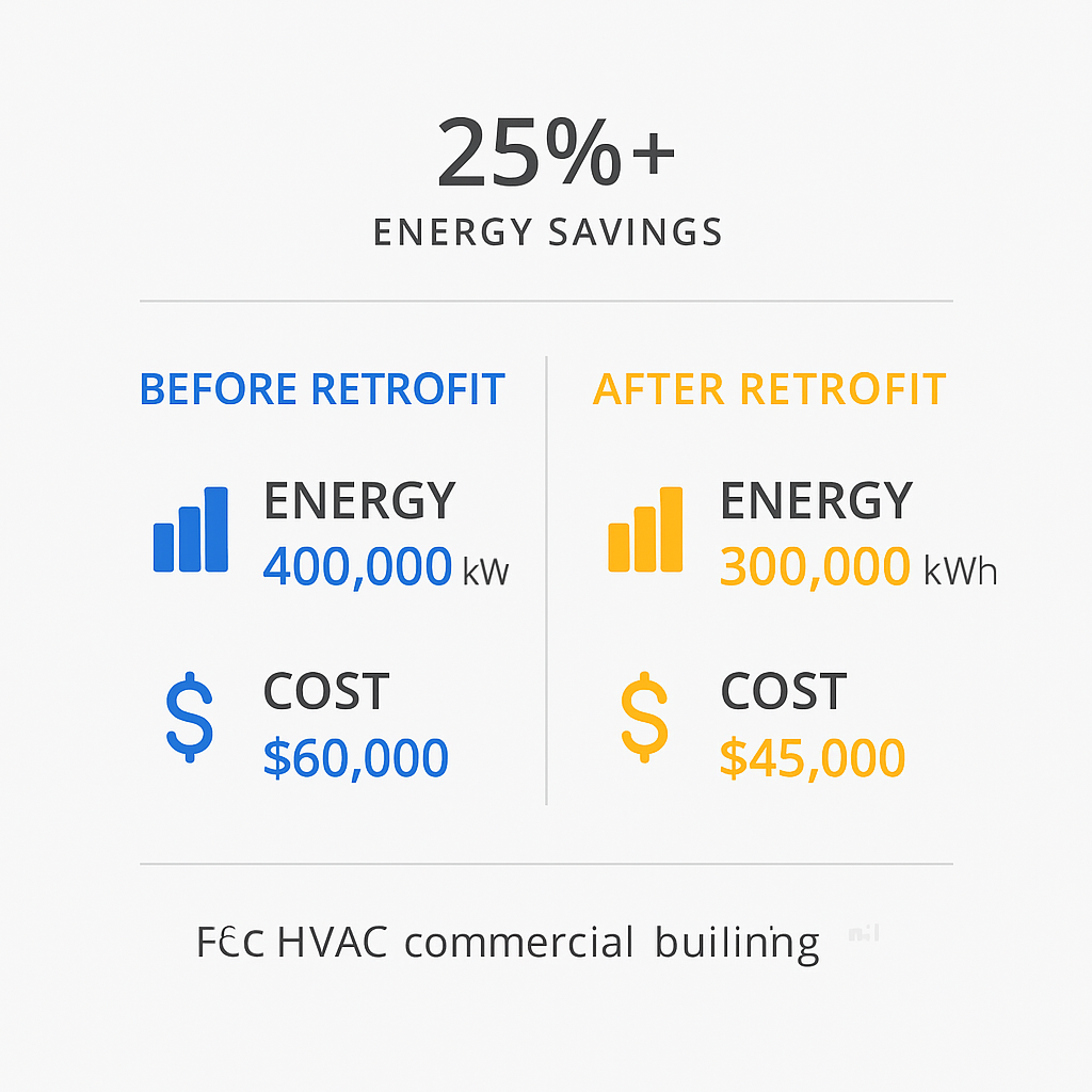 Comparison chart of HVAC energy consumption and cost before and after retrofit