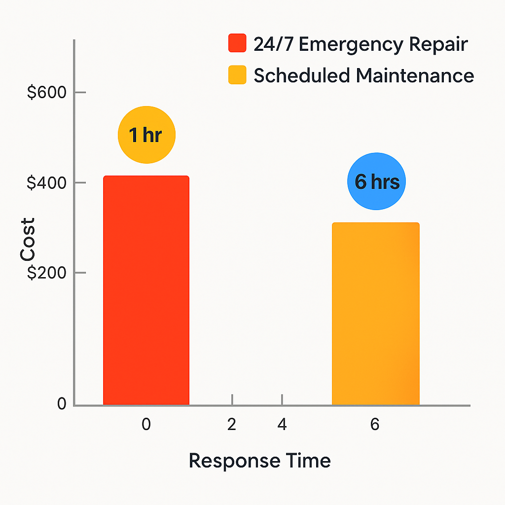 Data visualization comparing response times and costs for emergency vs scheduled HVAC repairs
