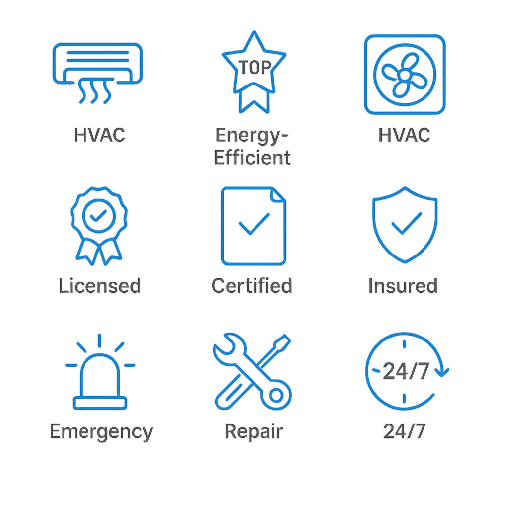 Icon set illustrating energy-efficient HVAC brands, contractor qualifications, and emergency service features