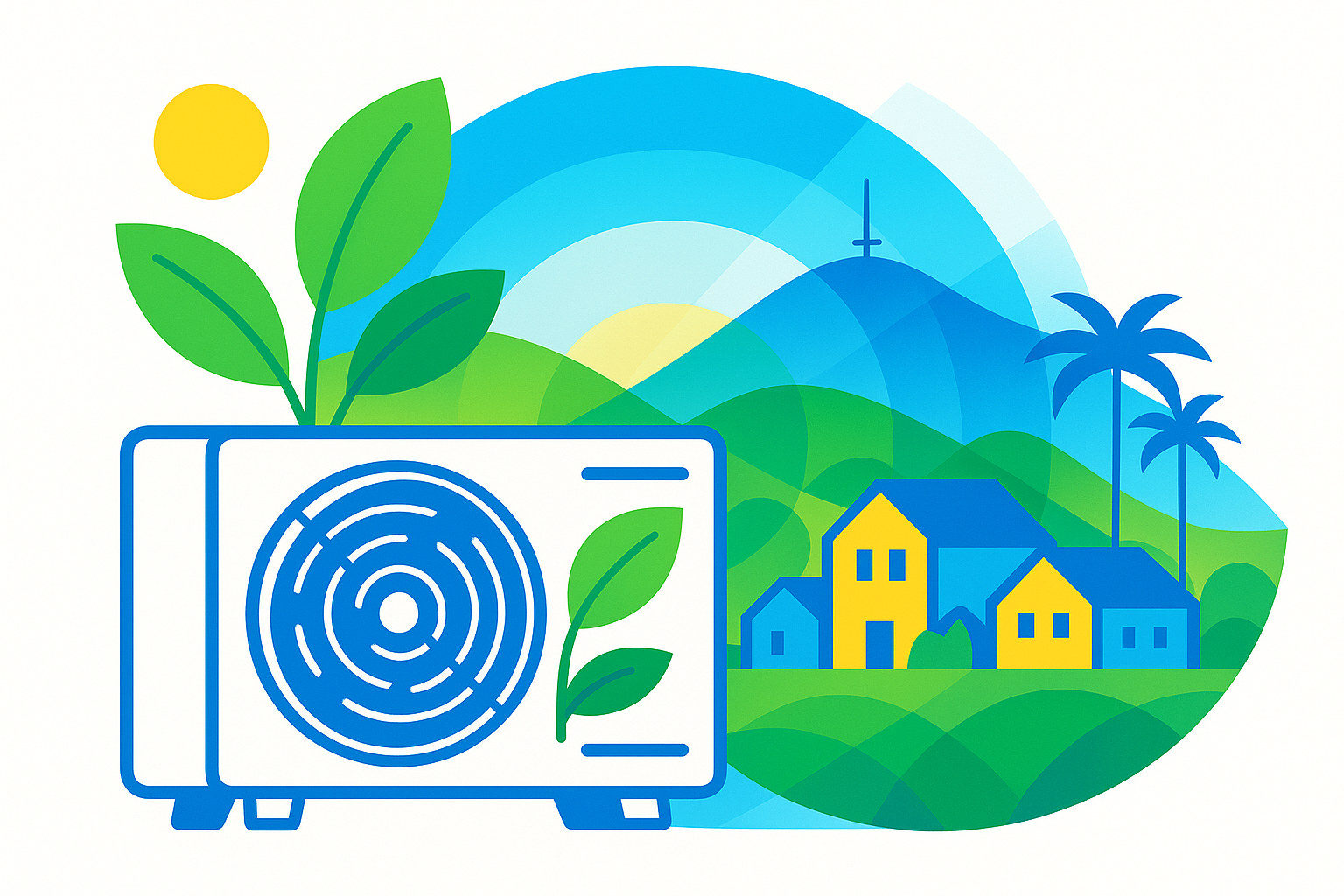 An illustration of a modern, energy-efficient air conditioning unit with various components highlighted, set against a backdrop of a green, sunlit suburban neighborhood in Baldwin Hills, suggesting comfort and sustainability. Text overlays indicate 'Energy-Efficient AC Repair' and 'Baldwin Hills AC Fix'.