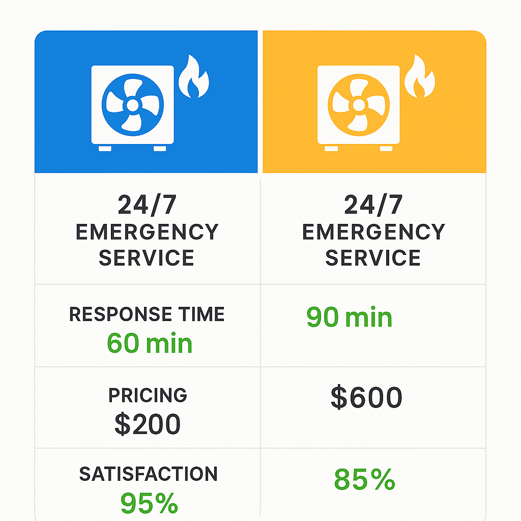 Four-quadrant comparison of top 24/7 emergency HVAC providers highlighting features, response times, and pricing in Baldwin Hills